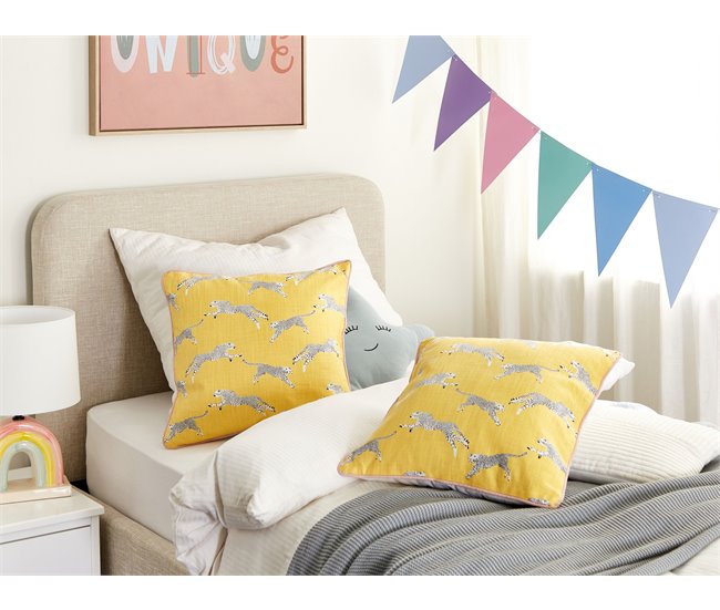 Conforama Conjunto De 2 Cojines De Algodón Amarillo Motivo Guepardos 45 X 45 Cm ARALES