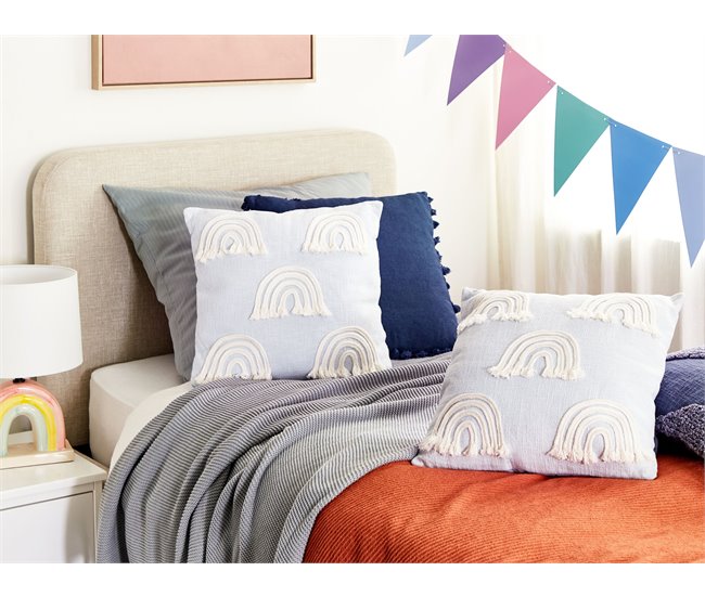 Conforama Conjunto De 2 Cojines De Algodón Azul Claro Con Bordado De Arco Iris 45 X 45 Cm LEEA