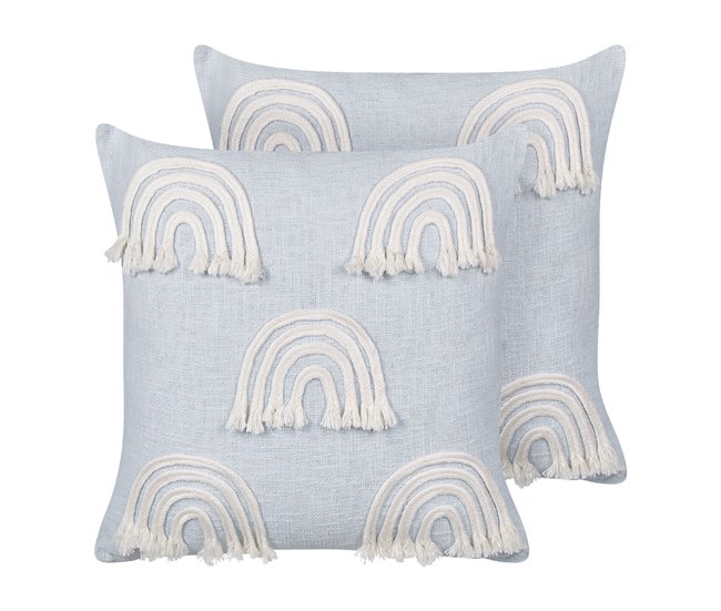 Conforama Conjunto de 2 cojines de algodón azul claro con bordado de arco iris 45 x 45 cm LEEA