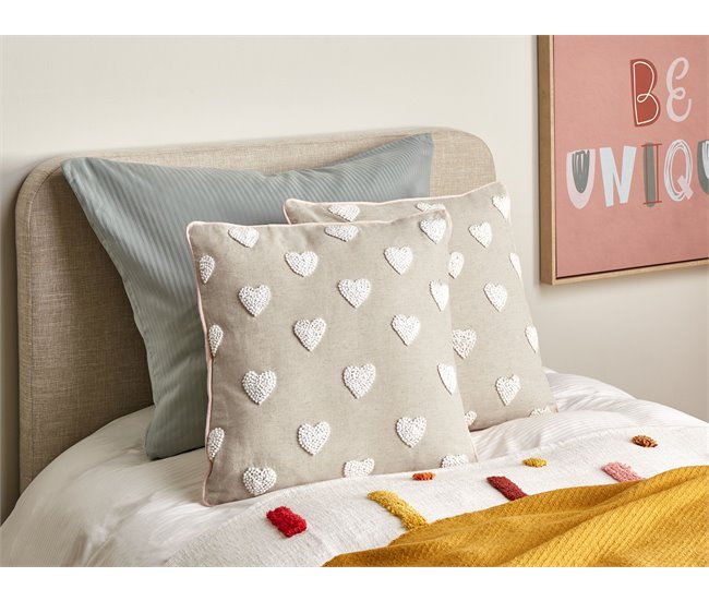 Conforama Conjunto De 2 Cojines De Algodón Beige Con Corazones Bordados 45 X 45 Cm GAZANIA