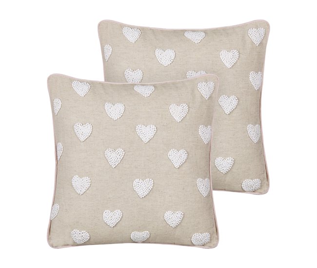 Conforama Conjunto de 2 cojines de algodón beige con corazones bordados 45 x 45 cm GAZANIA