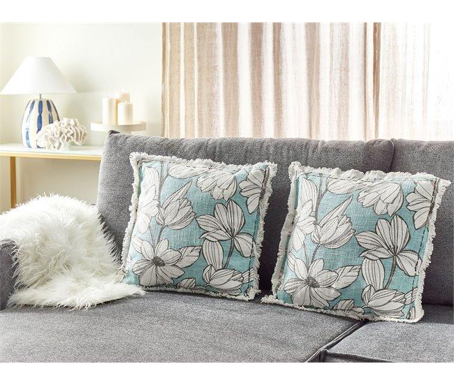 Conforama Conjunto De 2 Cojines De Algodón Blanco Y Azul Con Flecos Motivo Floral 45 X 45 Cm CYANOTIS