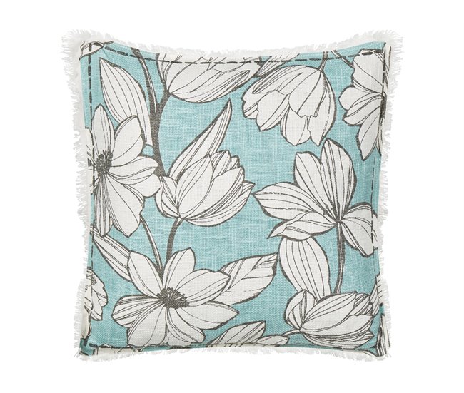 Conforama Conjunto De 2 Cojines De Algodón Blanco Y Azul Con Flecos Motivo Floral 45 X 45 Cm CYANOTIS