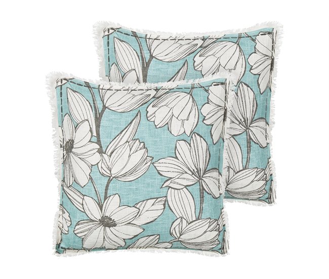 Conforama Conjunto de 2 cojines de algodón blanco y azul con flecos motivo floral 45 x 45 cm CYANOTIS