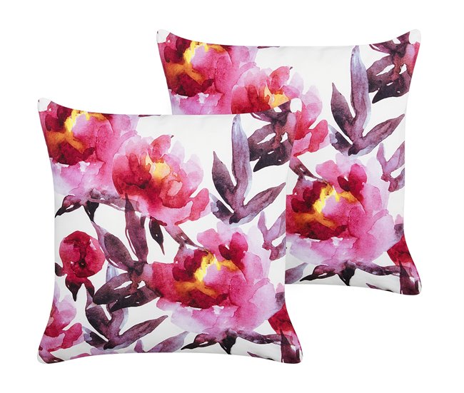 Conforama Conjunto de 2 cojines de jardín motivo floral 45 x 45 cm blanco y rosa LANROSSO