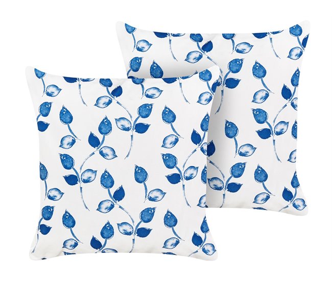 Conforama Conjunto de 2 cojines de jardín motivo hojas 45 x 45 cm blanco y azul TORBORA