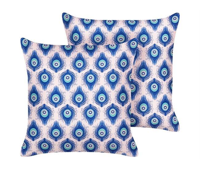 Conforama Conjunto de 2 cojines de jardín motivo pavo real 45 x 45 cm azul y rosa CERIANA