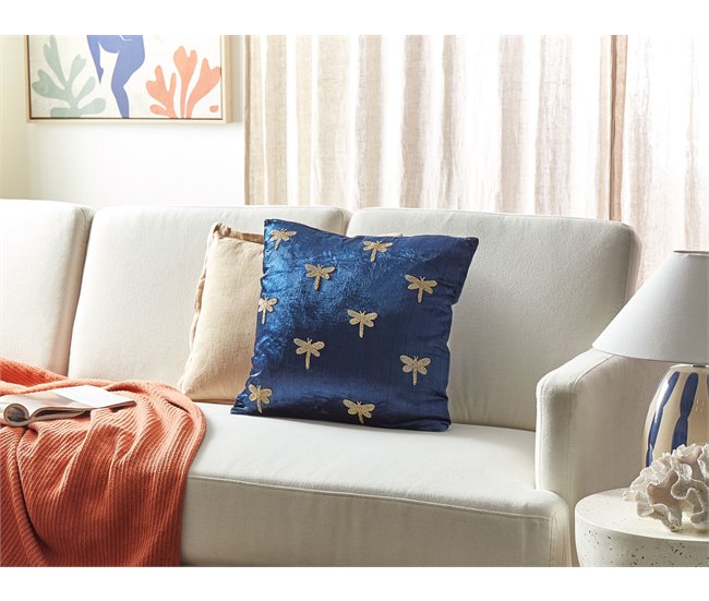Conforama Conjunto De 2 Cojines De Terciopelo Azul Marino Bordado Libélula 45 X 45 Cm BLUESTEM
