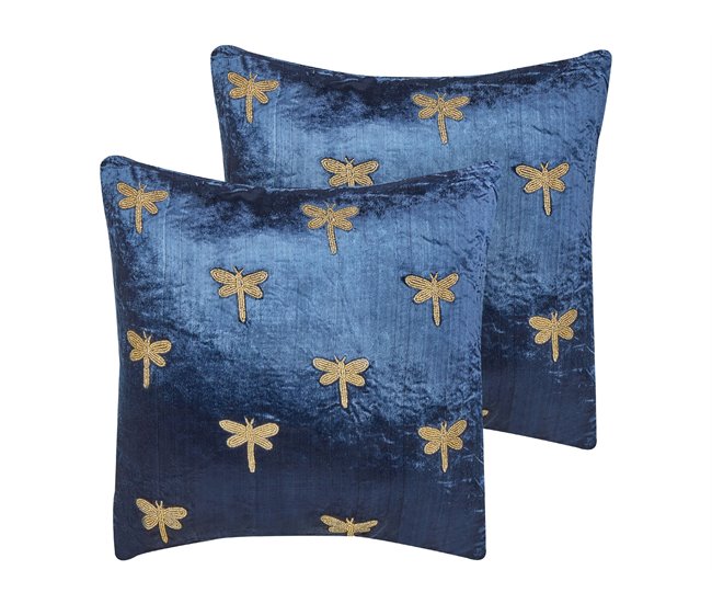 Conforama Conjunto de 2 cojines de terciopelo azul marino bordado libélula 45 x 45 cm BLUESTEM