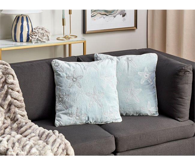Conforama Conjunto De 2 Cojines De Terciopelo Azul Motivo Estrellas De Mar 45 X 45 Cm CERAMIUM