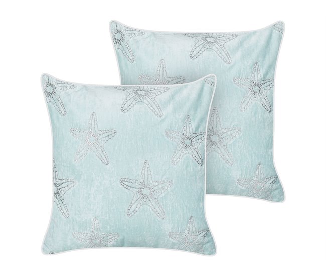 Conforama Conjunto de 2 cojines de terciopelo azul motivo estrellas de mar 45 x 45 cm CERAMIUM