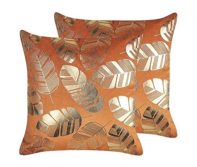 Conforama Conjunto de 2 cojines de terciopelo naranja/dorado 45 x 45 cm SUNFLOWER