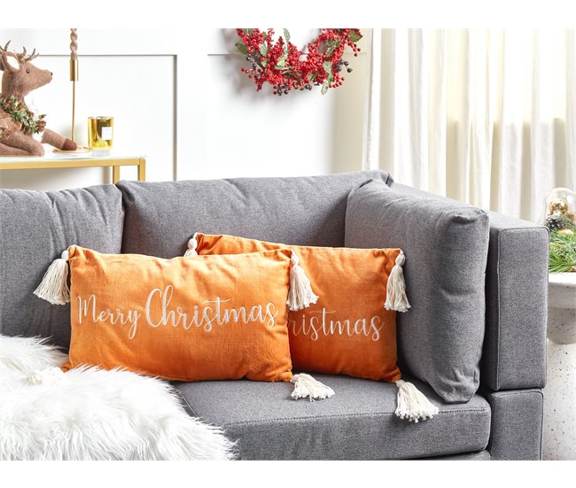 Conforama Conjunto De 2 Cojines De Terciopelo Naranja Motivo Navideño Con Borlas 30 X 50 Cm LITHOPS
