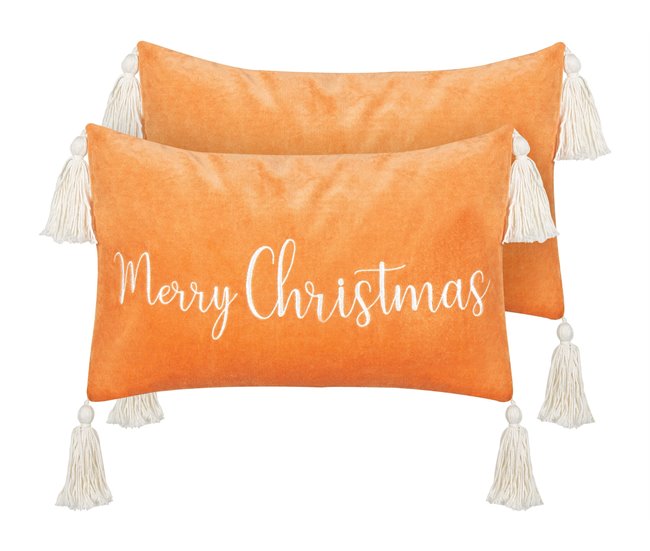 Conforama Conjunto de 2 cojines de terciopelo naranja motivo navideño con borlas 30 x 50 cm LITHOPS