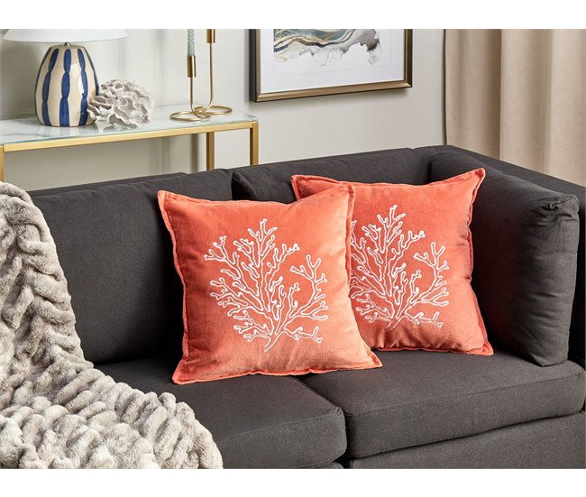 Conforama Conjunto De 2 Cojines De Terciopelo Rojo Motivo Coral 45 X 45 Cm NORI
