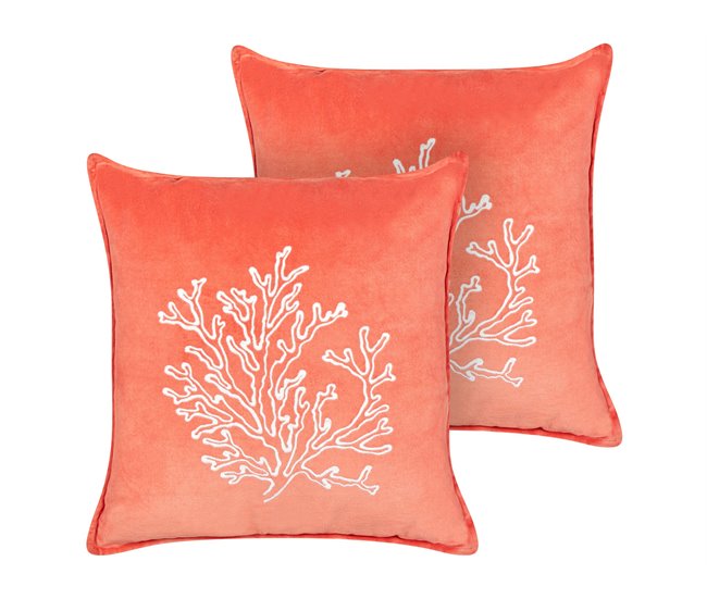 Conforama Conjunto de 2 cojines de terciopelo rojo motivo coral 45 x 45 cm NORI