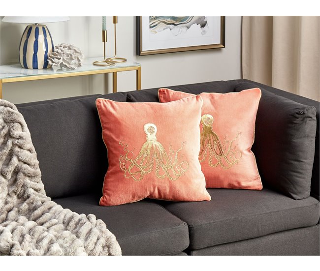 Conforama Conjunto De 2 Cojines De Terciopelo Rojo Motivo Pulpo 45 X 45 Cm LAMINARIA