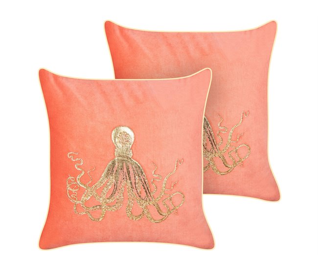 Conforama Conjunto de 2 cojines de terciopelo rojo motivo pulpo 45 x 45 cm LAMINARIA