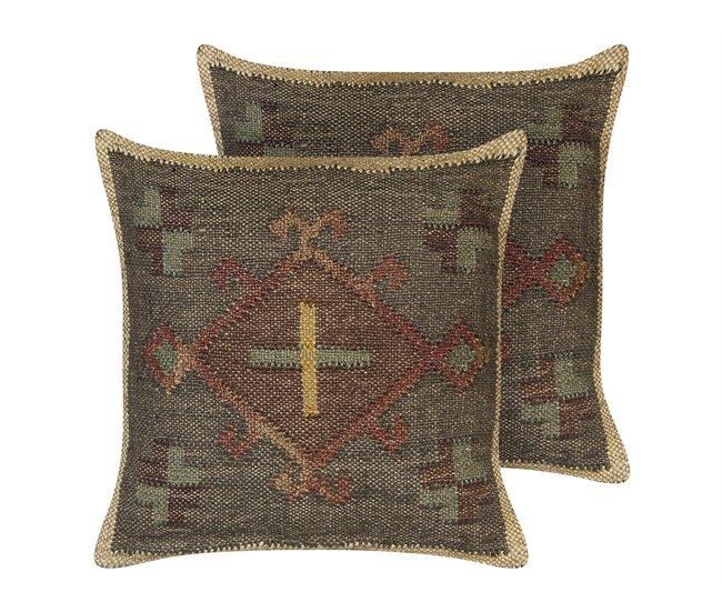 Conforama Conjunto de 2 cojines de yute verde oscuro/marrón/amarillo 45 x 45 cm KATORA