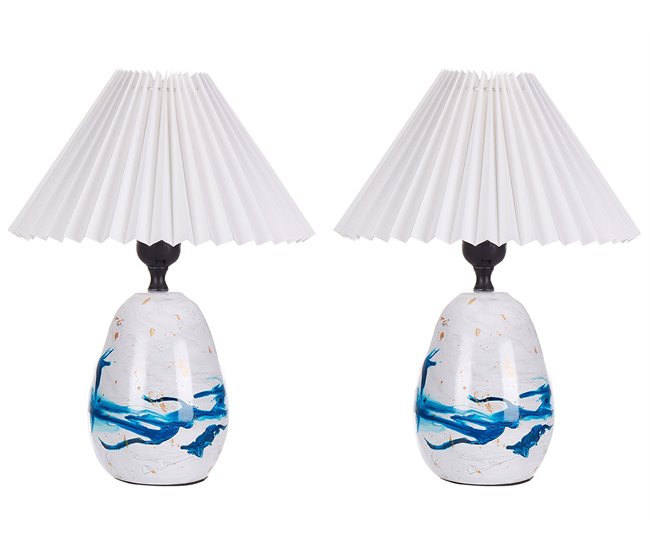 Conforama Conjunto de 2 lámparas de mesa de cerámica blanca y azul GENFEL