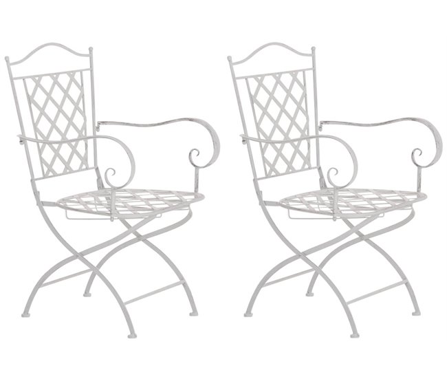 Conforama Conjunto de 2 sillas de jardín balcon estilo rústico blanco envejecido metal hierro galvanizado M10_001187