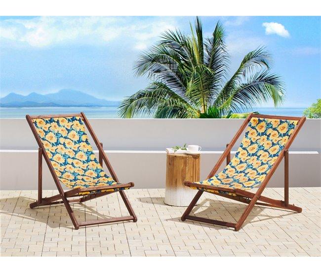 Conforama Conjunto De 2 Tumbonas De Jardín De Madera De Acacia Oscura Con Tela Amarillo/azul/verde ANZIO