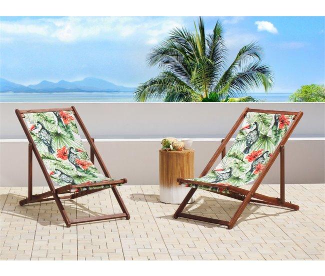 Conforama Conjunto De 2 Tumbonas De Jardín De Madera De Acacia Oscura Con Tela Verde/blanco/rojo ANZIO