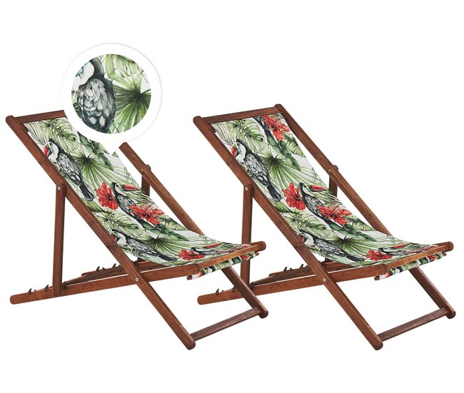 Conforama Conjunto de 2 tumbonas de jardín de madera de acacia oscura con tela verde/blanco/rojo ANZIO