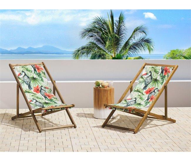 Conforama Conjunto De 2 Tumbonas De Jardín De Madera De Acacia Clara Con Tela Verde/blanco/rojo ANZIO