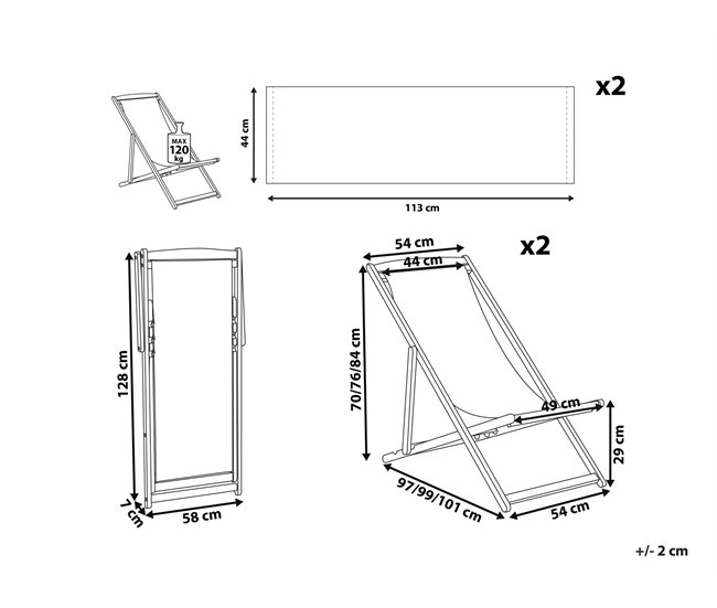 Conforama Conjunto De 2 Tumbonas De Jardín De Madera De Acacia Clara Con Tela Verde/blanco/rojo ANZIO