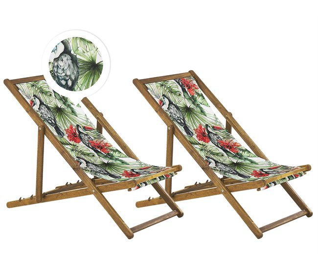 Conforama Conjunto de 2 tumbonas de jardín de madera de acacia clara con tela verde/blanco/rojo ANZIO