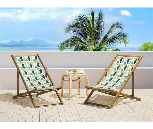 Conforama Conjunto De 2 Tumbonas De Jardín De Madera De Acacia Clara Con Tela Verde/naranja/blanco ANZIO