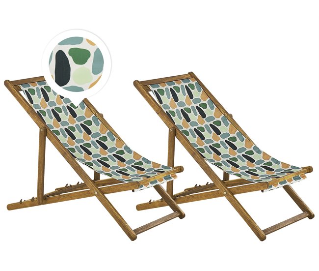 Conforama Conjunto de 2 tumbonas de jardín de madera de acacia clara con tela verde/naranja/blanco ANZIO