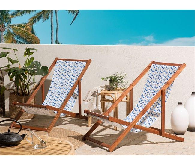 Conforama Conjunto De 2 Tumbonas De Jardín De Madera De Acacia Oscura Con Tela Blanco/azul ANZIO