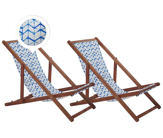 Conforama Conjunto de 2 tumbonas de jardín de madera de acacia oscura con tela blanco/azul ANZIO