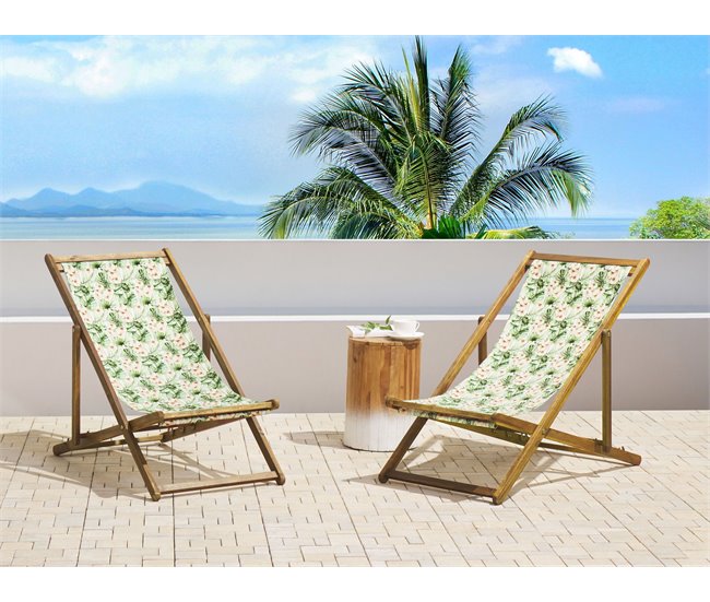 Conforama Conjunto De 2 Tumbonas De Jardín De Madera De Acacia Clara Con Tela Rosa/verde/blanco ANZIO