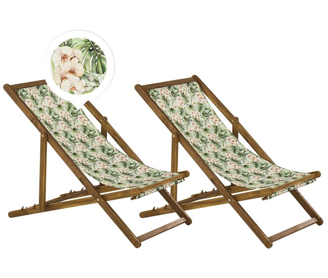 Conforama Conjunto de 2 tumbonas de jardín de madera de acacia clara con tela rosa/verde/blanco ANZIO