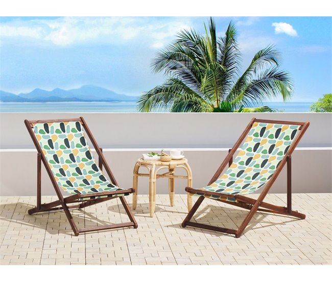 Conforama Conjunto De 2 Tumbonas De Jardín De Madera De Acacia Oscura Con Tela Verde/naranja/blanco ANZIO