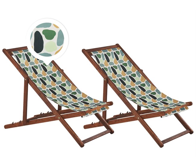 Conforama Conjunto de 2 tumbonas de jardín de madera de acacia oscura con tela verde/naranja/blanco ANZIO