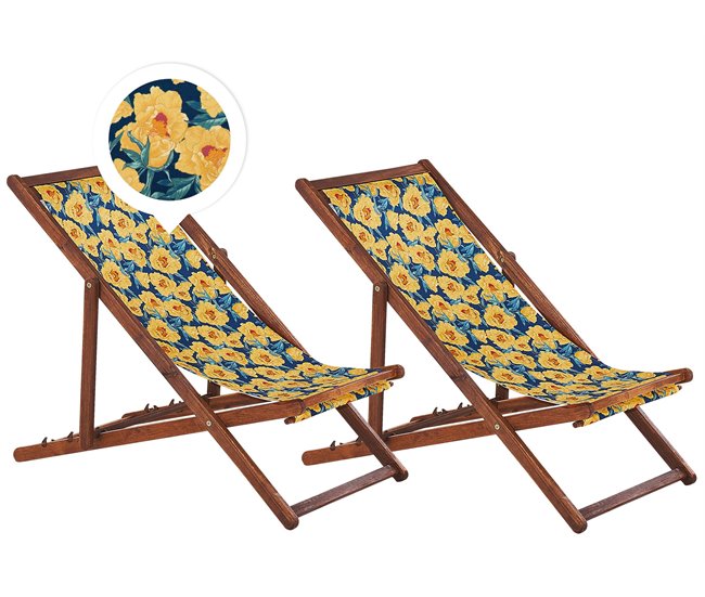 Conforama Conjunto de 2 tumbonas de jardín de madera de acacia oscura con tela amarillo/azul/verde ANZIO