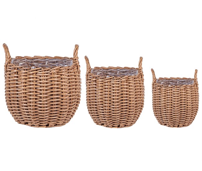 Conforama Conjunto de 3 cestas para plantas de ratán marrón AUCUBA