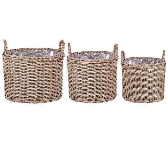 Conforama Conjunto de 3 cestas para plantas de ratán marrón PENDULA
