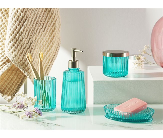 Conforama Conjunto De 4 Accesorios De Baño De Vidrio Azul Turquesa/plateado TECATE