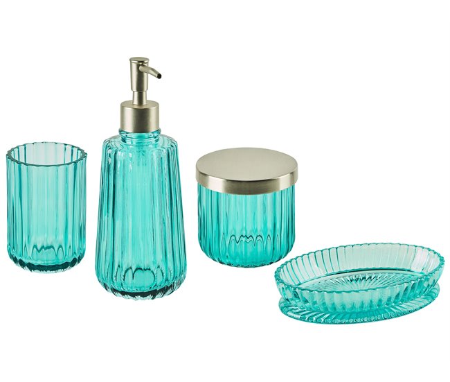 Conforama Conjunto De 4 Accesorios De Baño De Vidrio Azul Turquesa/plateado TECATE