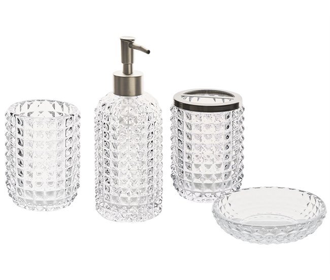 Conforama Conjunto de 4 accesorios de baño de vidrio transparente/plateado TAPIA