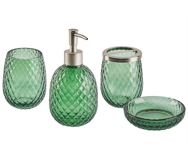 Conforama Conjunto de 4 accesorios de baño de vidrio verde/plateado CANOA
