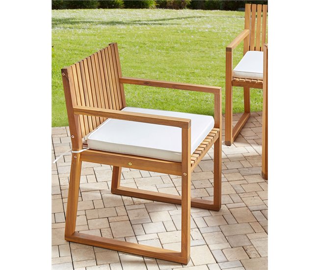 Conforama Conjunto De 8 Sillas De Jardín De Madera De Acacia Certificada Con Cojines Blanco Crema SASSARI II