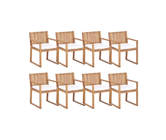 Conforama Conjunto de 8 sillas de jardín de madera de acacia certificada con cojines blanco crema SASSARI II