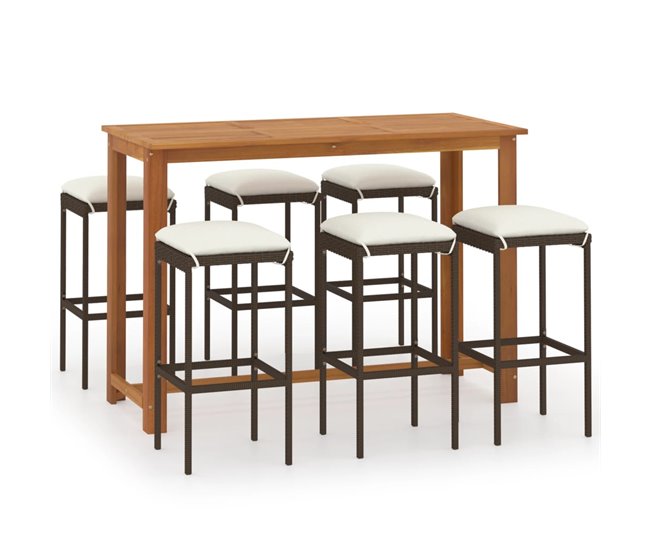 Conforama Conjunto de bar para jardín 7 piezas con cojines marrón