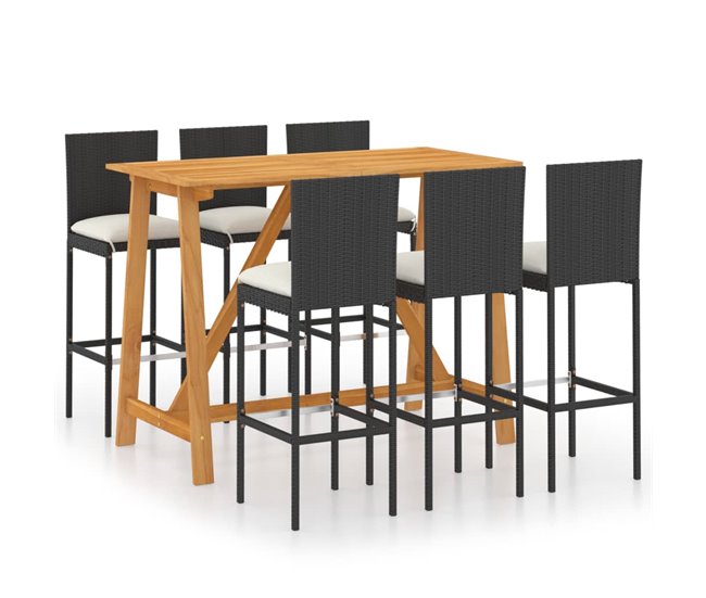 Conforama Conjunto de bar para jardín 7 piezas con cojines negro